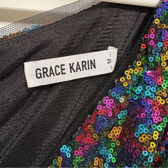 GRACE KARIN Sequin Multi Color Rainbow Faux Wrap Party Cocktail Mini Dress Sz M - Picture 4 of 6